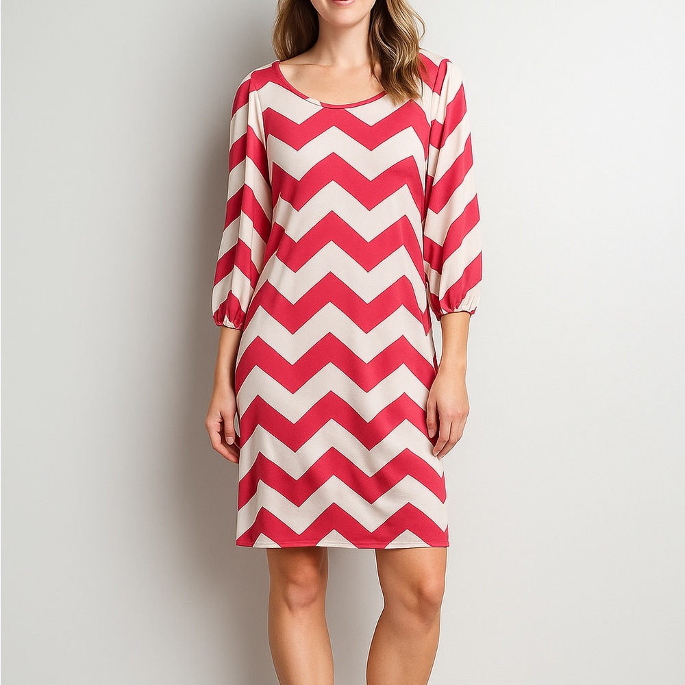 Loila Pink/Cream Chevron Print Long Sleeve Waist Tie Shift Mini Dress Brunch